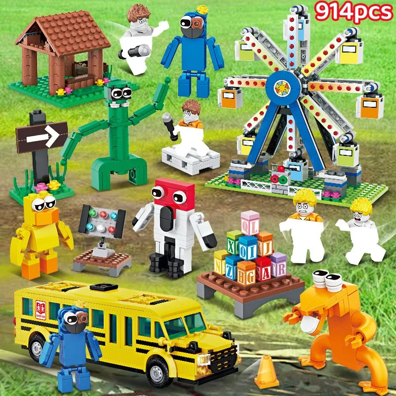 

Rainbow Friend Scene Horror Game Monster Bus Building Blocks Action Figures Blue Green Man Model Bricks Assembled Toys Kid Gifts