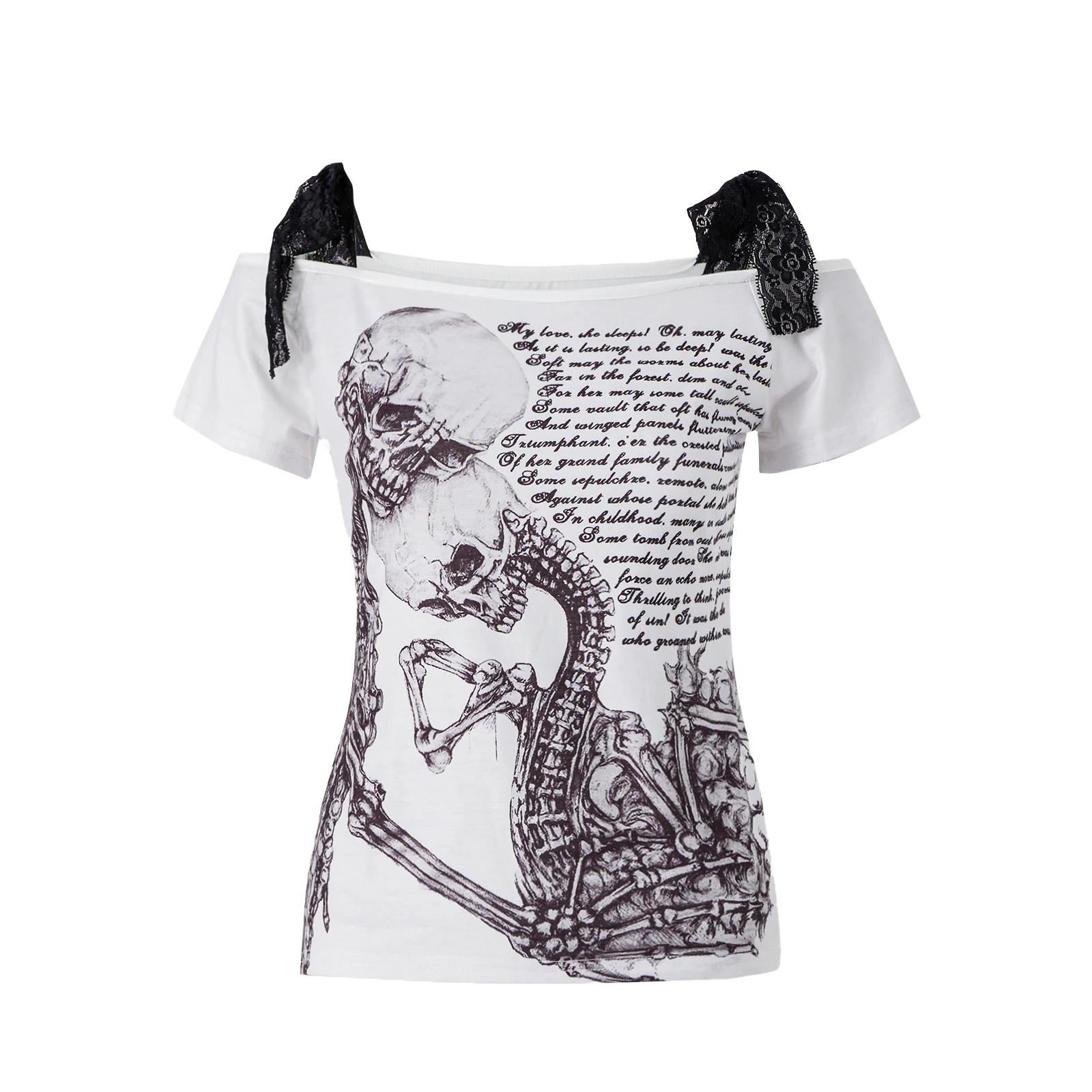 Купи Fashion Women Off-Shoulder Lace Sling T-Shirts Gothic Skull Letter Print Short Sleeve Slash Neck Tops Summer Streetwear за 225 рублей в магазине AliExpress