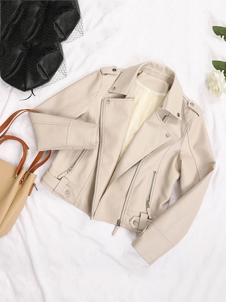 Women Faux Leather Jacket Beige Casual Slim Motorcycle Biker Leather Coat Female Punk Streetwear Spring Autumn Jackets