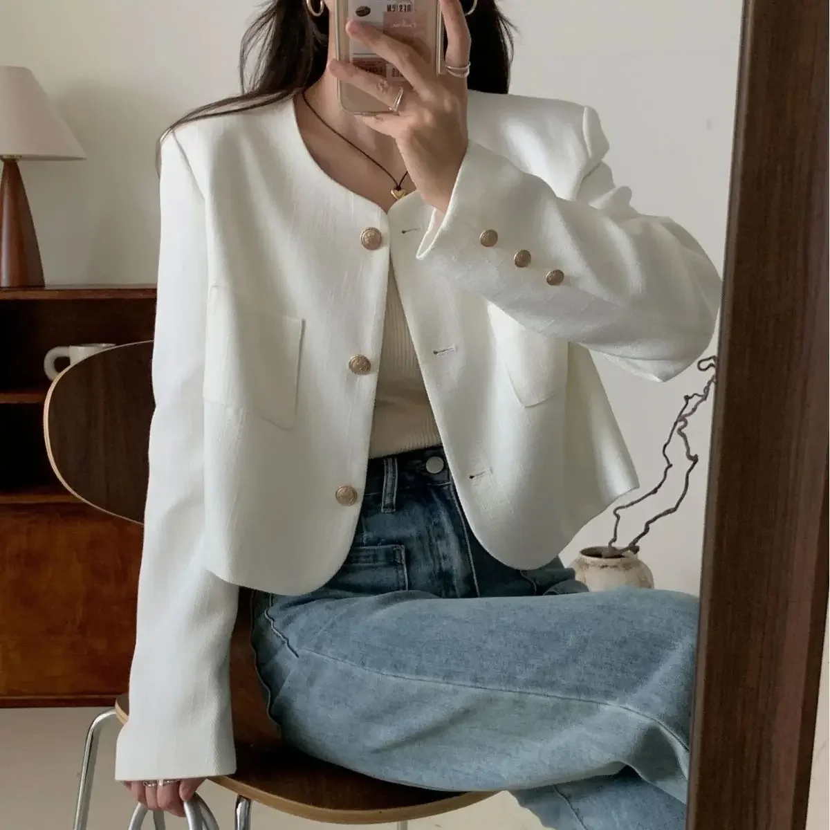 Осень/зима женский укороченный твидовый кардиган элегантный золотой пиджак Madalin