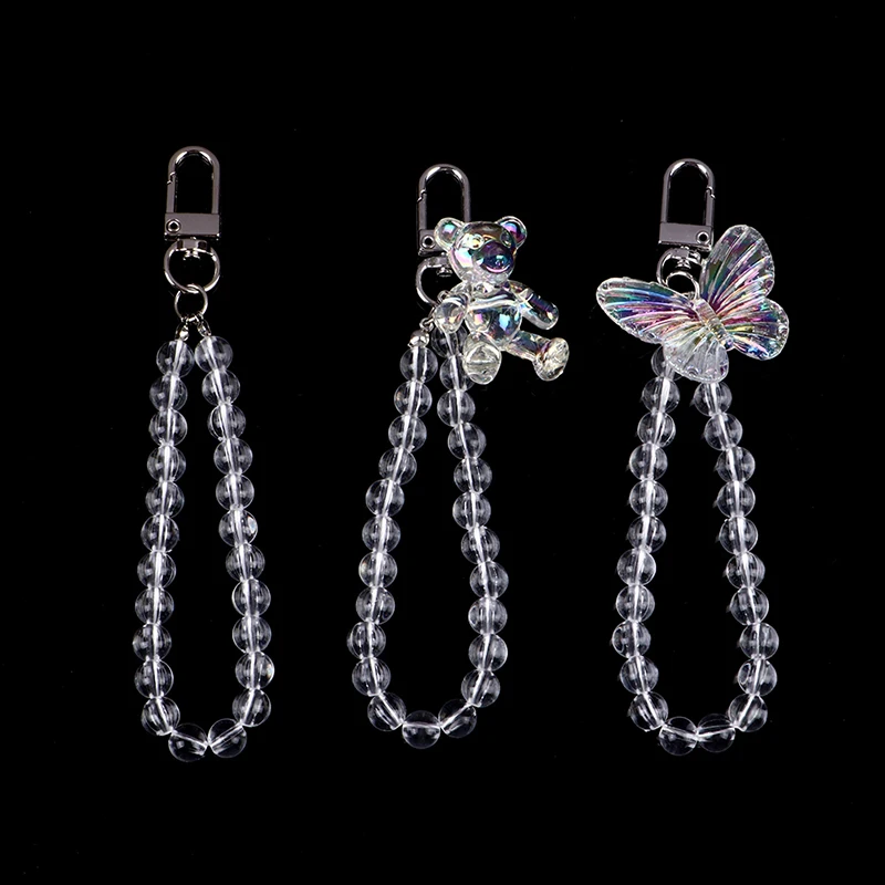 

Bling Crystal Bear Butterfly Trendy Keychain Transparent Bead Lanyards Keyring