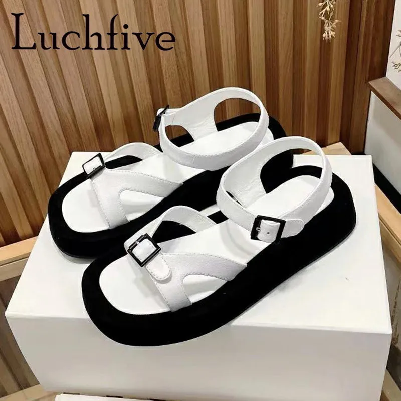 

2022 Summer Leather Platform Shoes Women Open Toe Buckle Strap Thick Sole Sandals Brand Casual Beach Shoes Gladiator Shoes