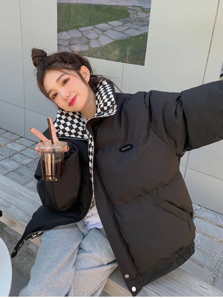 2022 Winter New Plaid Padded Jacket Women's Loose Thick Warm Casual Coat Female Korean Bread Clothes Outwear