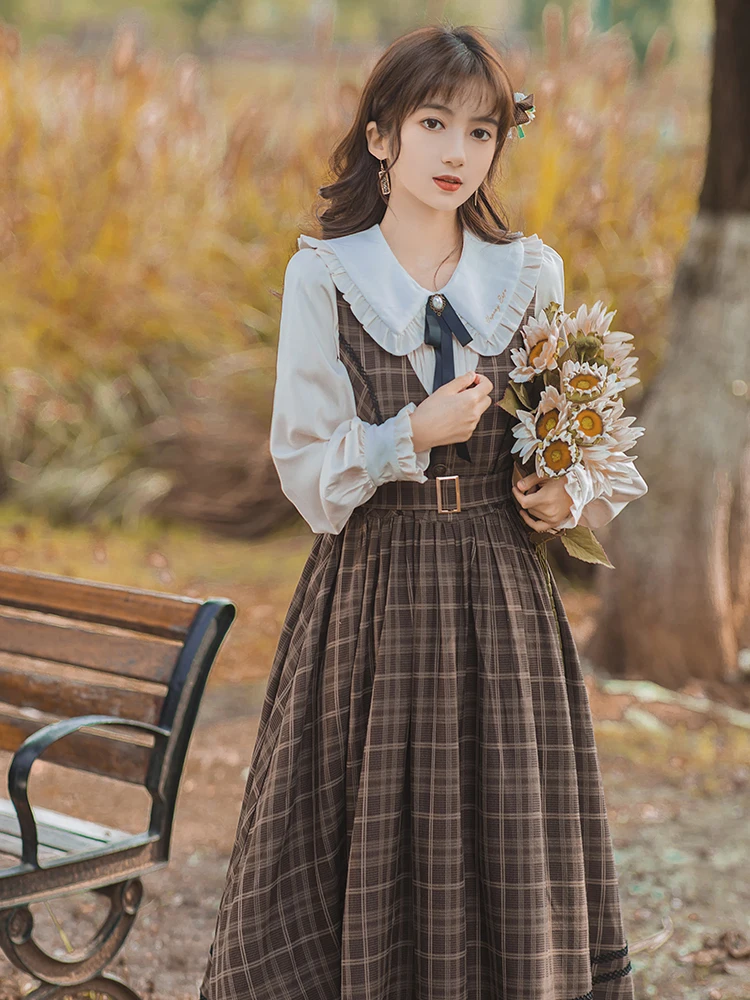 Платье-Свитер из двух предметов винтажное корейское платье-рубашка с длинным