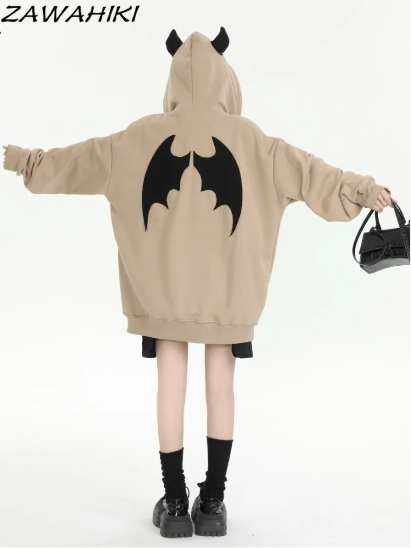 

Gothic Clothes Harajuku Hoodies Devil Horns Sweatshirts Women Zip-up Hoodie Loose Letter Embroidery Grunge Coats Streetwear