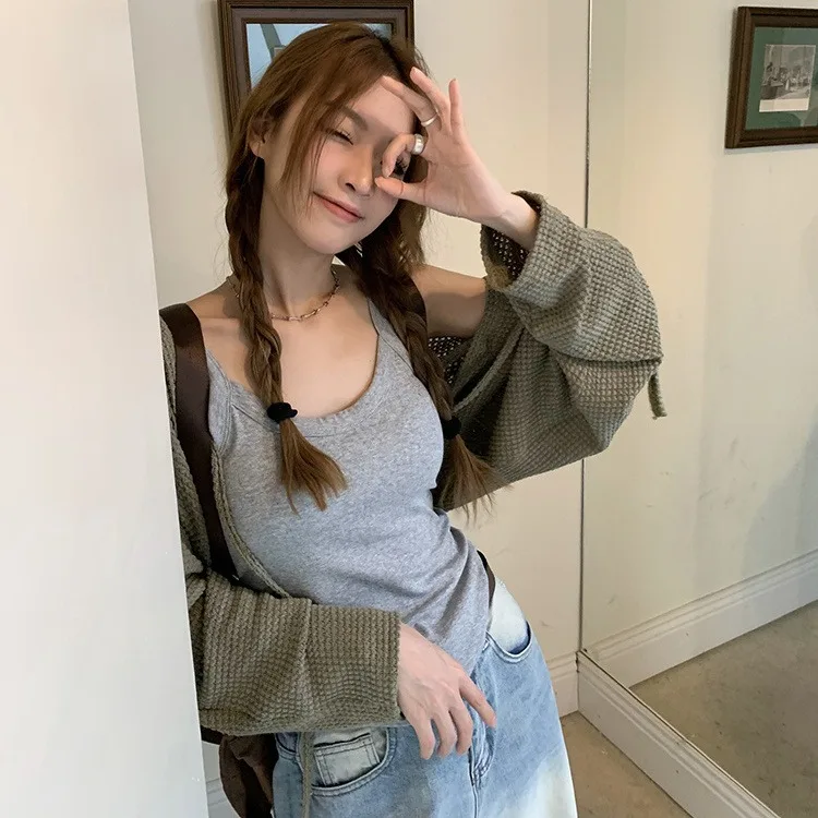 Винтажные модные вафельные черные вязаные топы женские летние новые