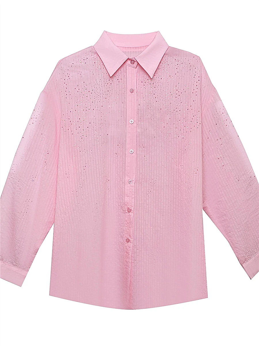 Korean Style Rhinestone Shiny Long Sleeve Sun Protection Shirt Women 2023 New Summer Blouse Loose High-end Sweet Pink Shirts Top images - 6