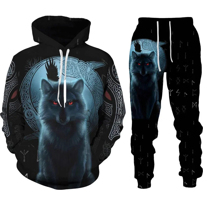 

2022 Autumn Winter Men's 3D Animal War Wolf Printed Hooded Sweater Set Male Sportswear Tracksuit Long Sleeve Men Clothing Suit