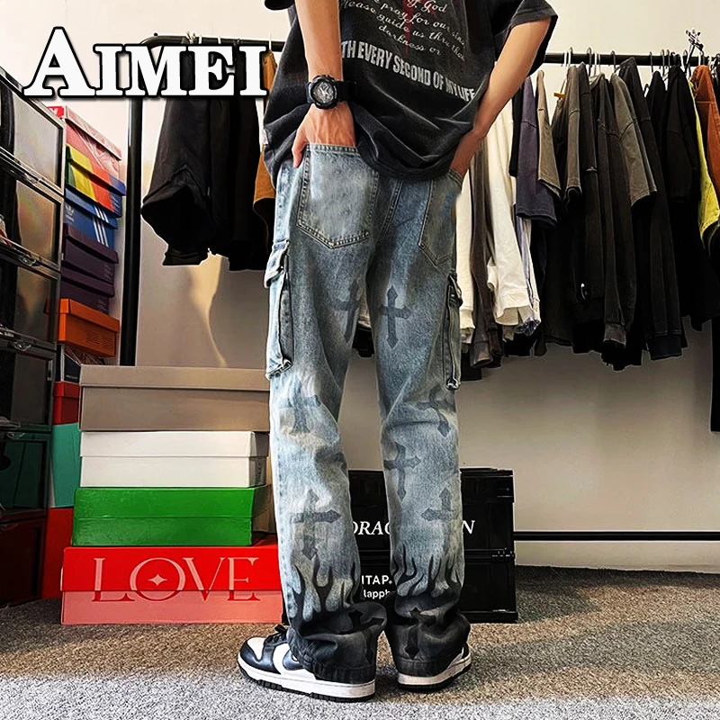

Cross High Street Men's Summer Fashion Clothing Baggy Y2K Jeans Man Wide Leg Trousers Mopping Jogging Pants For Men Streetwear