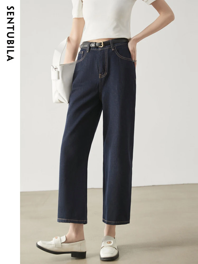 Sentubila High Waist Blue Jeans for Women 2023 Spring Summer Fashion Solid Straight Leg 100%  Cotton Pants Streetwear Trousers