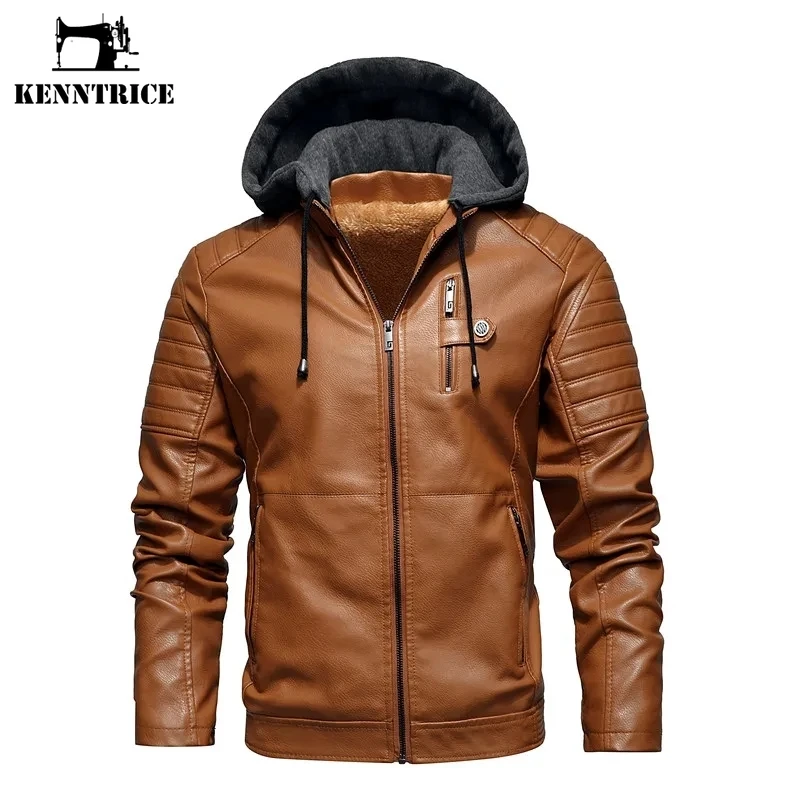 

Kenntrice Winter Biker Jackets for Men Stylish Vintage Add Fleece Leather Jacket Hooded Windbreaker Coat Mens Clothes Plus Size