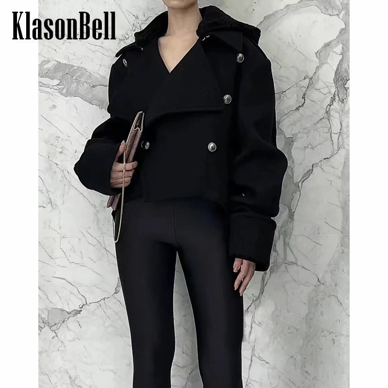 

Женская короткая шерстяная куртка KlasonBell, черная модельная двубортная куртка со съемным плюшем и капюшоном, 10,13