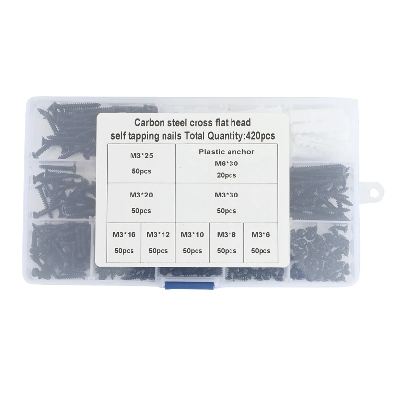 

420 Pieces Of Black M3 Flat Head Wood Screw Combination Fastener Kit 304 Stainless Steel Countersunk Head Tapping Screws