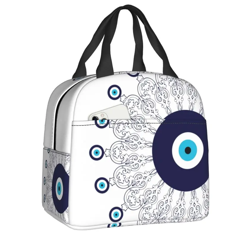 

Navy Blue White Evil Eye Mandala Portable Lunch Box Leakproof Bohemian Boho Thermal Cooler Food Insulated Lunch Bag Office Work