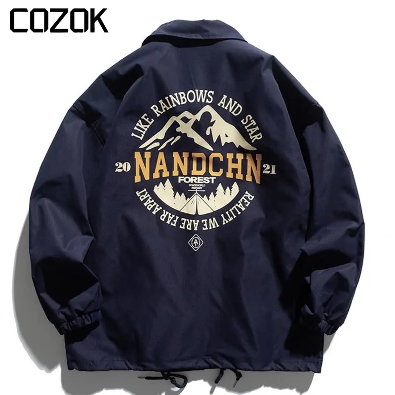 Spring Japanese Thin Varsity Jackets Men Letter Snow Mountain Print Coach Jacket Unisex Bomber Coat Streetwear Casual 2023