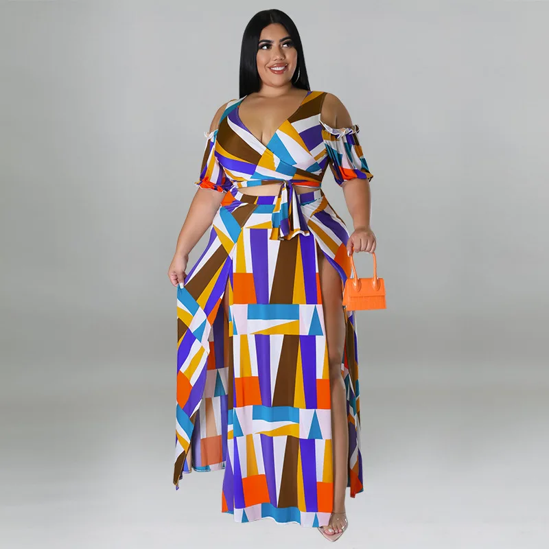 

Женская одежда размера плюс, лето 2022, модная женская юбка с открытыми плечами и V-образным вырезом, из двух частей, с разрезом, свободная юбка ...