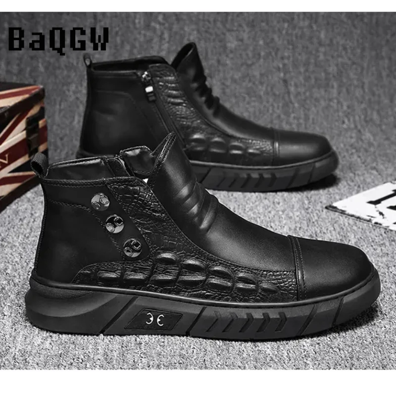 Мужские ботинки из ПУ кожи с высоким берцем на молнии