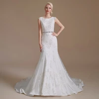 real photos classic mermaid wedding dress 2022 o neck lace appliques sleeveless bridal gown with sashes illusion zipper back