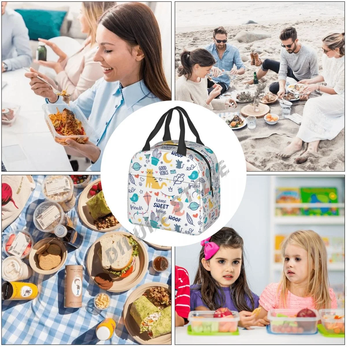 Cartoon Cat And Dog insulated Lunch Bags Print Food Case Cooler Warm Bento Box for Kids Lunch Box for School