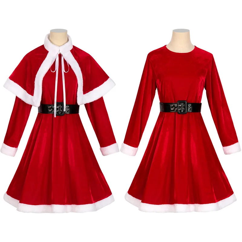 

New Christmas Cosplay Costume for Women Winter Festival Red Dress Cloak Belt Long Sleeve Ruffled Skirt Girls Christmas Uniform