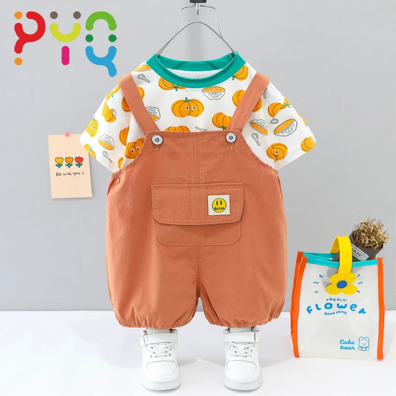PYQ Easter Baby Clothes 2023 New Summer Baby Girls Pumpkin Full Printing Top+Sling Pants Outfits For Kids Cartoon Sets 0-4 Years