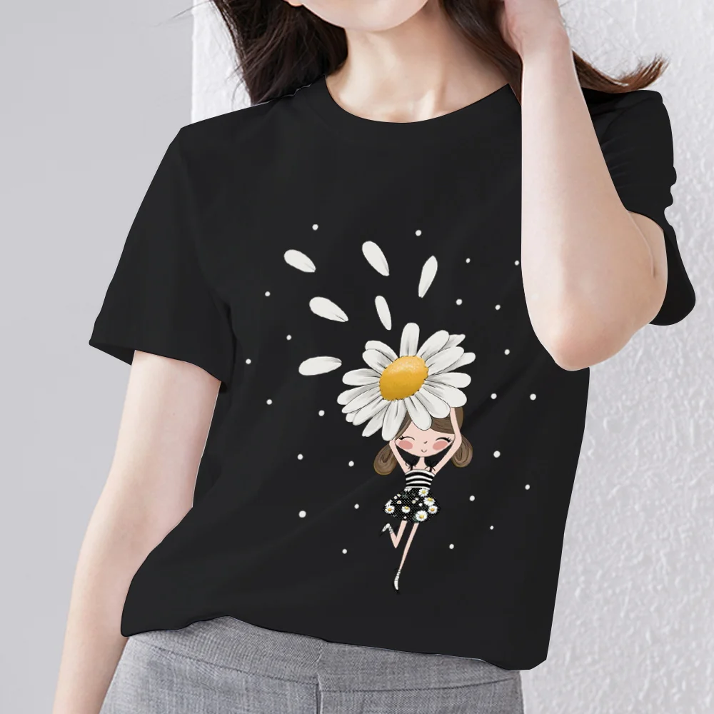 

Women's T-shirt Casual Slim Round Neck Classic Daisy Fairy Pattern Series Printed Basic Breathable Comfortable Women's Black Top