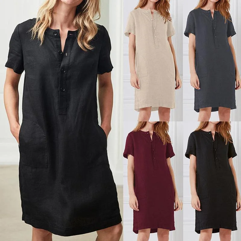 

Women Cotton Linen Long Blouse Summer Short Sleeve Solid Button Blouse Casual Shirt Vintage Oversized S-3XL Blusa Feminina