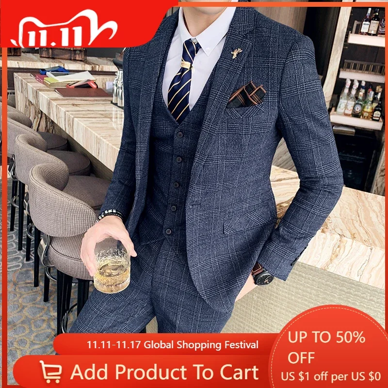 

Костюм для жениха, мужские высококачественные клетчатые свадебные комплекты, смокинги с одной пуговицей, облегающее деловое платье, мужские деловые костюмы 5XL