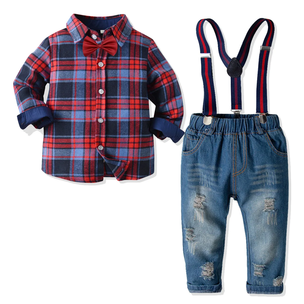 

Baby Boys Clothing Sets Wedding Party Kids Plaid Shirt + Suspender Pants Suit Gentleman Infant Toddler Formal Clothes Set