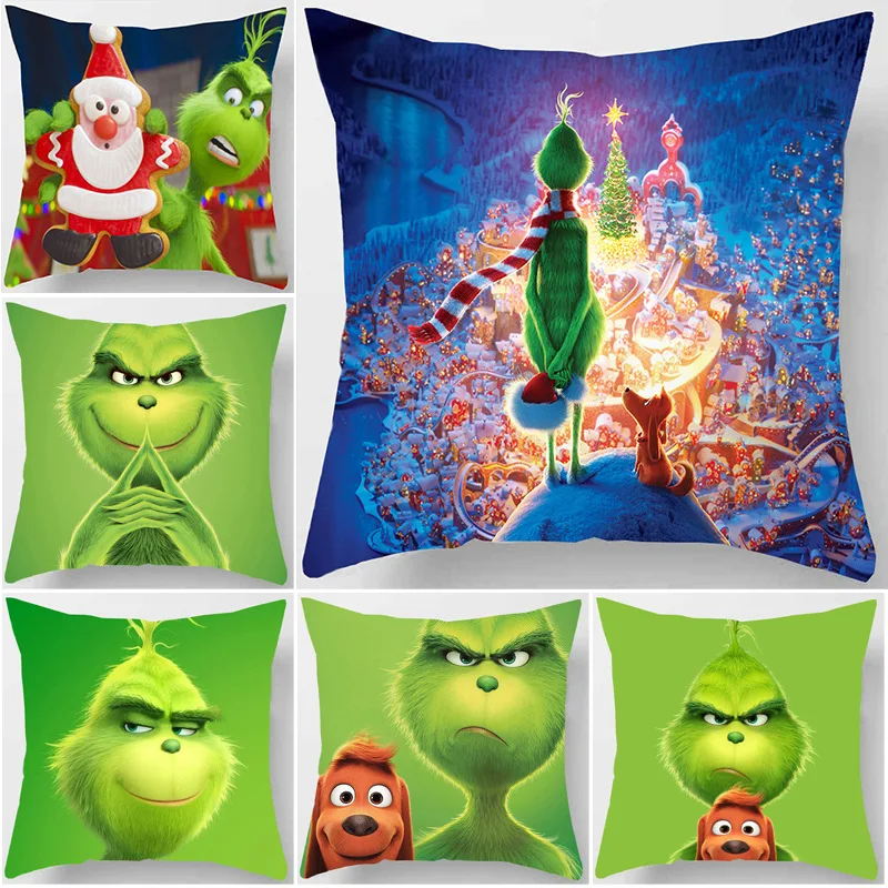 45*45CM Christmas Green Hair Grinch Pillowcases Cartoon Anime Grinch Throw Pillow Case Home Decor Sofa Car Waist Cushion Covers