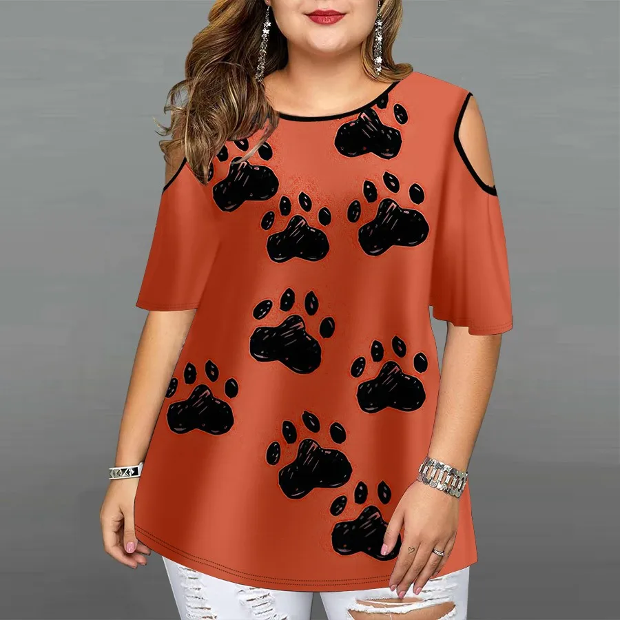 

Women's Fashion Summer Off-the-shoulder Crew Neck Short Sleeve T-shirt 3D Dog Paw Print Pullover Women's Top Trend Clothing