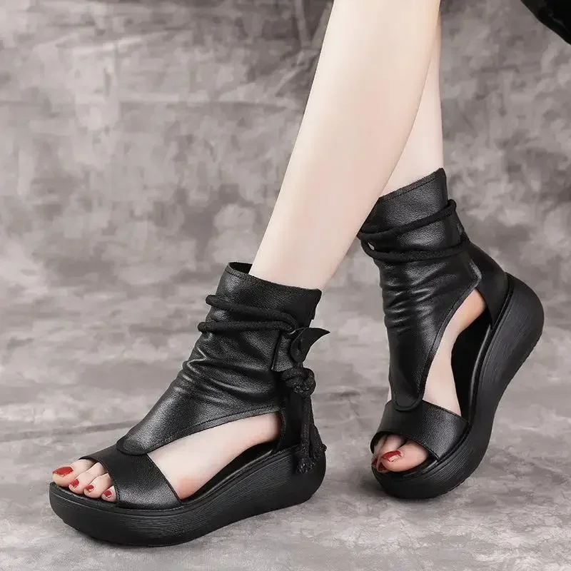 

OLOMLB Women Summer Roman Sandals Boots 2023 Mid Heels Wedges Shoes Ladies Vintage PU Leather Sandalias Mujer Sapato Feminino