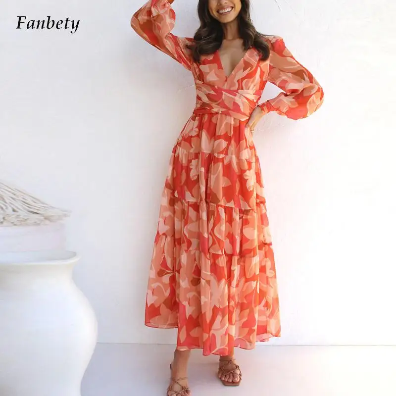 

Women Sexy Deep V-neck Chiffon Long Dress Elegant Flower Print Bohe Party Dress Casual Long Sleeve Pleated Beach Dress Vestidos
