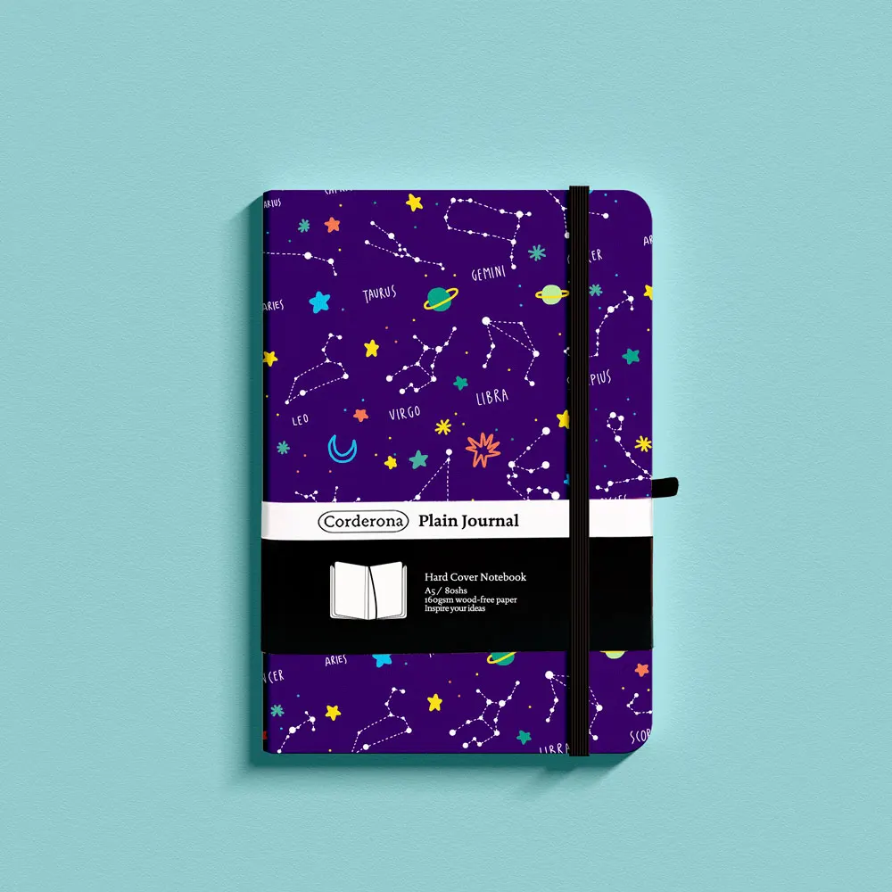 A5 160gsm Plain Notebook, Zodiac, Elastic Band, Pen Loop, Back Pocket, Hard Cover Blank Journal