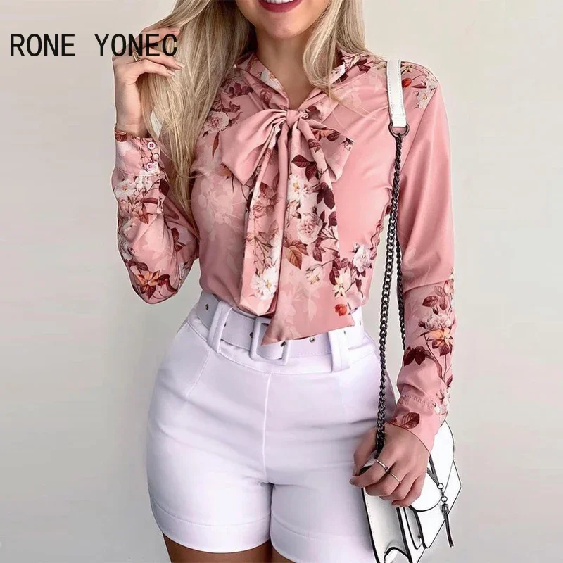 Женская элегантная блузка с длинными рукавами-фонариками и цветочным принтом