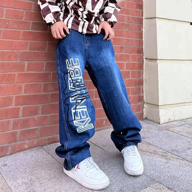 Retro Letter Embroidery Back Pockets Gun Jeans Pants for Men and Women High Street Oversized Washed Ripped Denim Trousers