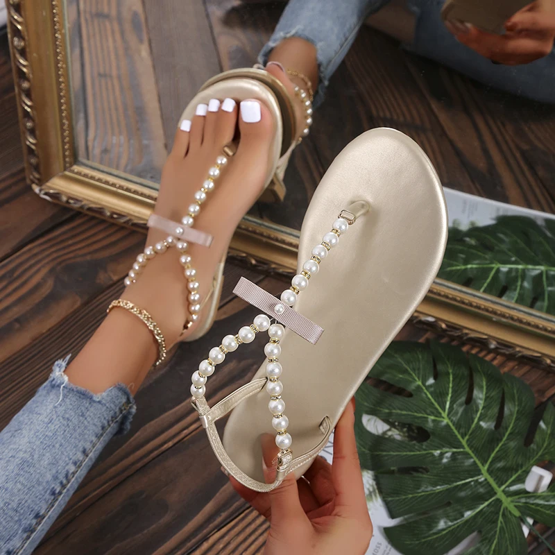 

Summer New Flats Sandals 2022 Women Open Toe Shallow Slippers Shoes Designer String Bead Slip-on Flip Flops Party Casual Slides
