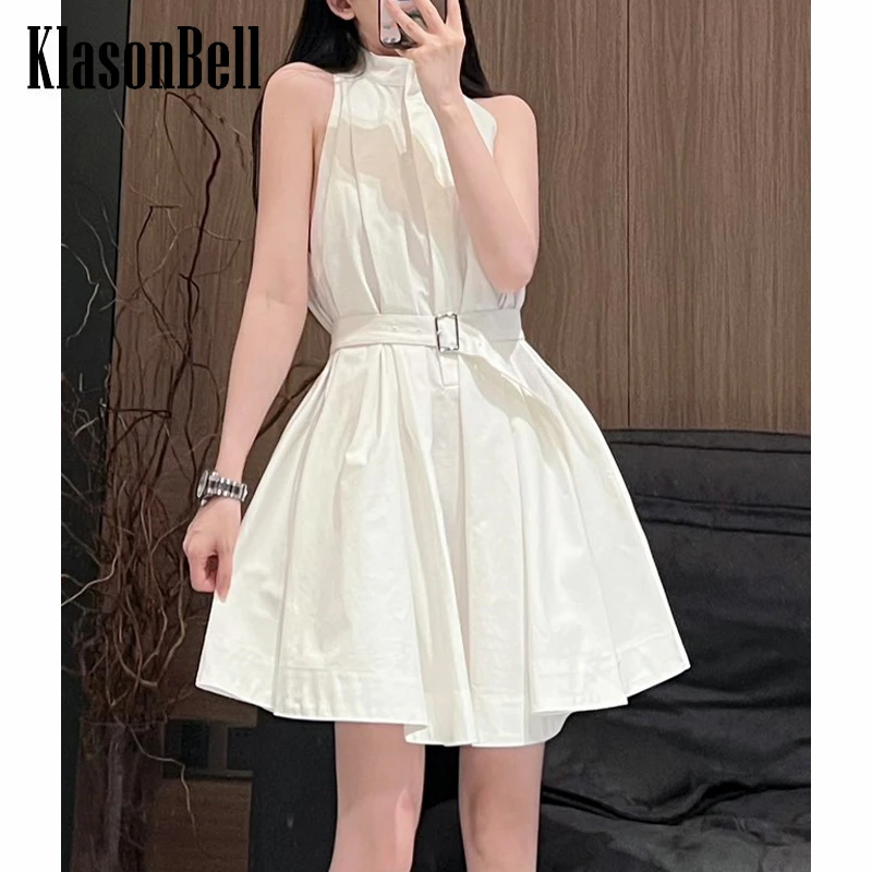 

7.6 KlasonBell Temperament Stand Collar Sleeveless Cotton With Belt Collect Waist Mini Dress Women