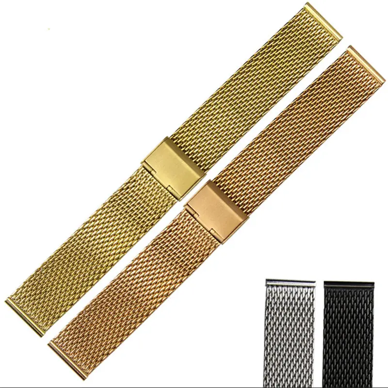 1.0 Line18mm 20mm 22mm 24mm Stainless Steel Mesh Folding Buckle Straight End Watch Band Strap Bracelet Fit For Smart Watch