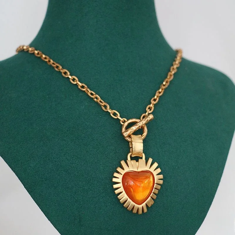 Классический ретро оранжевый драгоценный камень сердце ожерелье серьги