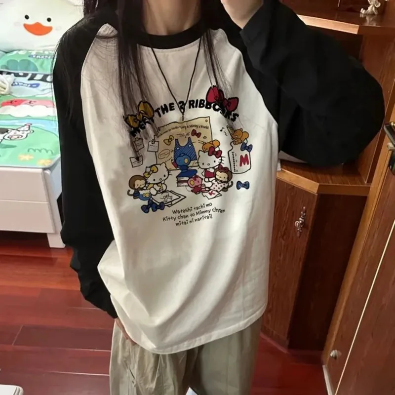 Футболки Hello Kitty из чистого хлопка с забавным принтом и круглым вырезом корейская