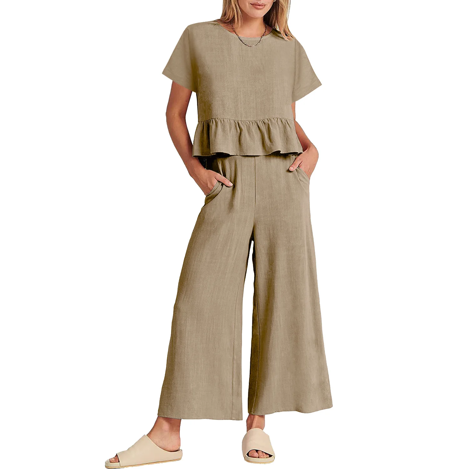 

Ladies Short Sleeve Ruffled Top Women Two Piece Suit Round Neck Blouses Pant Sets Pockets 2023 Summer Wide Leg Trousers