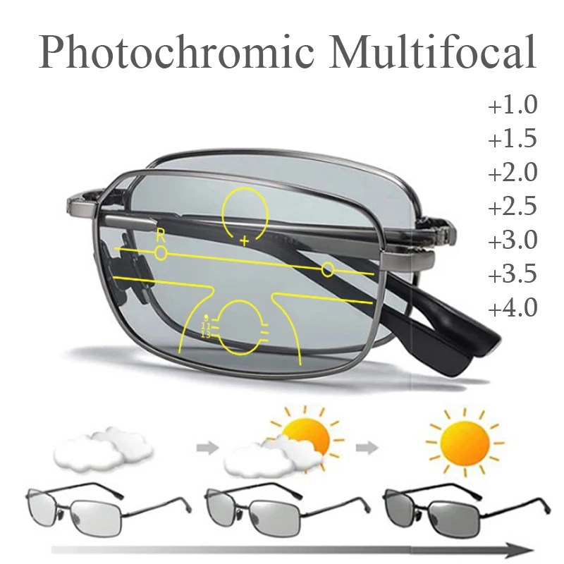 Folding Progressive Photochromic Reading Glasses Men Women Anti Blue Light Multifocal Presbyopia Eyeglasses Diopter +1.0 To +4.0