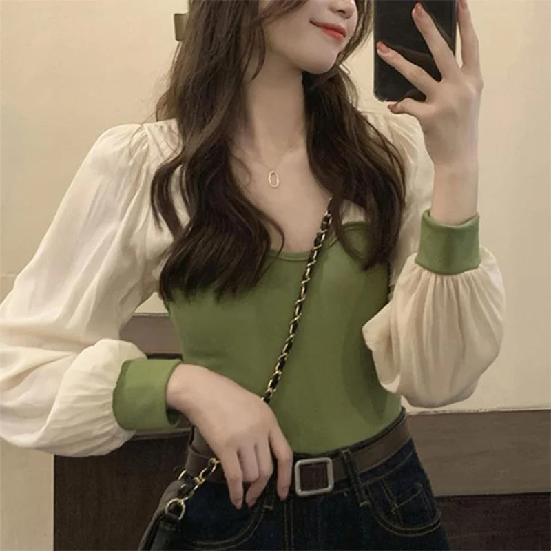 

Женский шифоновый топ с круглым вырезом, с рукавами-фонариками