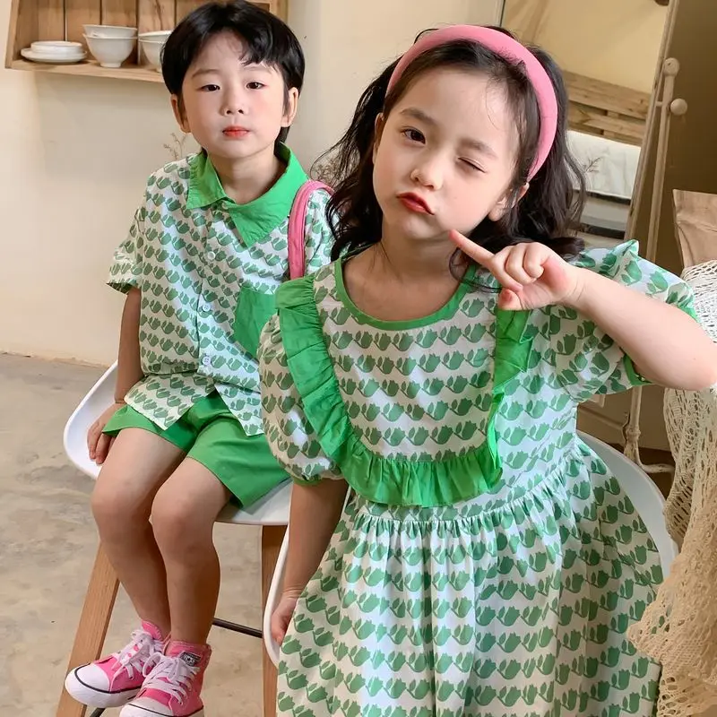 

Children's Clothing Set Summer New Fashion Baby Boy Shirts Shorts Two Piece Casual Loose Girls Green Dress 3 Years Kids Clothes