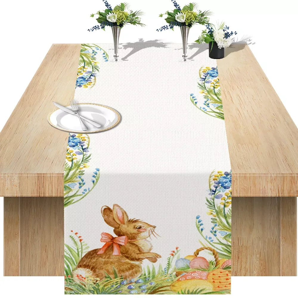 

Пасхальная настольная дорожка с принтом кролика, украшение для стола для пасхальвечерние, кухонная льняная скатерть с принтом на Пасхальны...