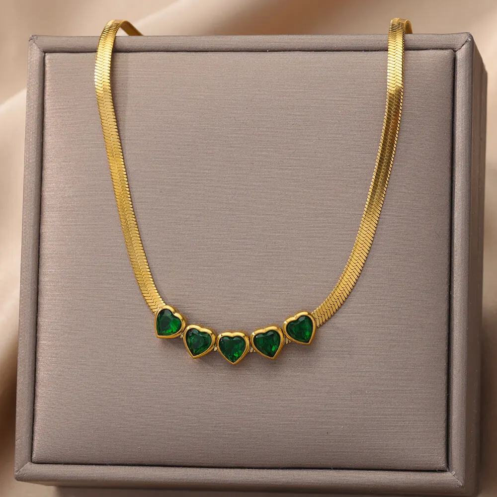 

Green Heart Necklaces For Women Stainless Steel Gold Plated Snake Chain Zircon Heart Choker Necklace Wedding Jewelry Gift Femme