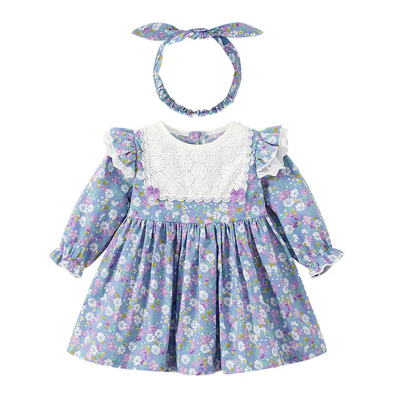 

Платье принцессы для маленьких девочек, одежда на весну и осень, кружевные платья с длинным рукавом и кукольным воротником, одежда для мален...