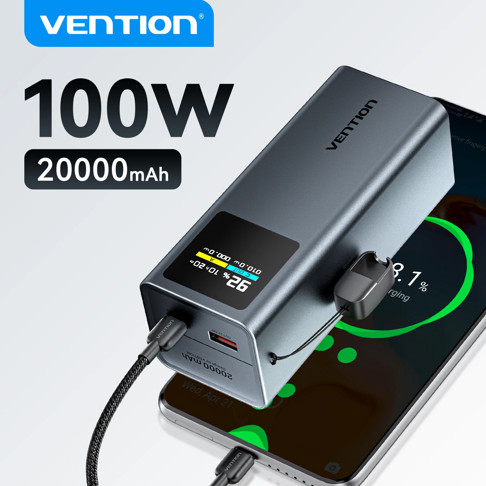 Фото Vention 20000 мАч, 100 Вт, быстрая зарядка, съемный кабель USB-C, внешний аккумулятор, умный TFT-экран, компактный портативный, для Xiaomi iPhone 16 15 №1