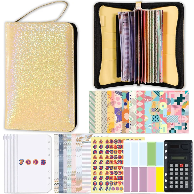 

A6 Glitter Hand Zip Bag Loose Leaf Binder Notebook Inner Core Cover Note Book Planner Office Stationery Supplies Yellow